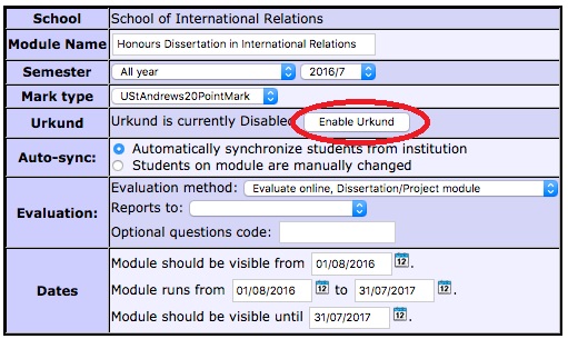 Example of the module table with the Enable Turnitin button circled